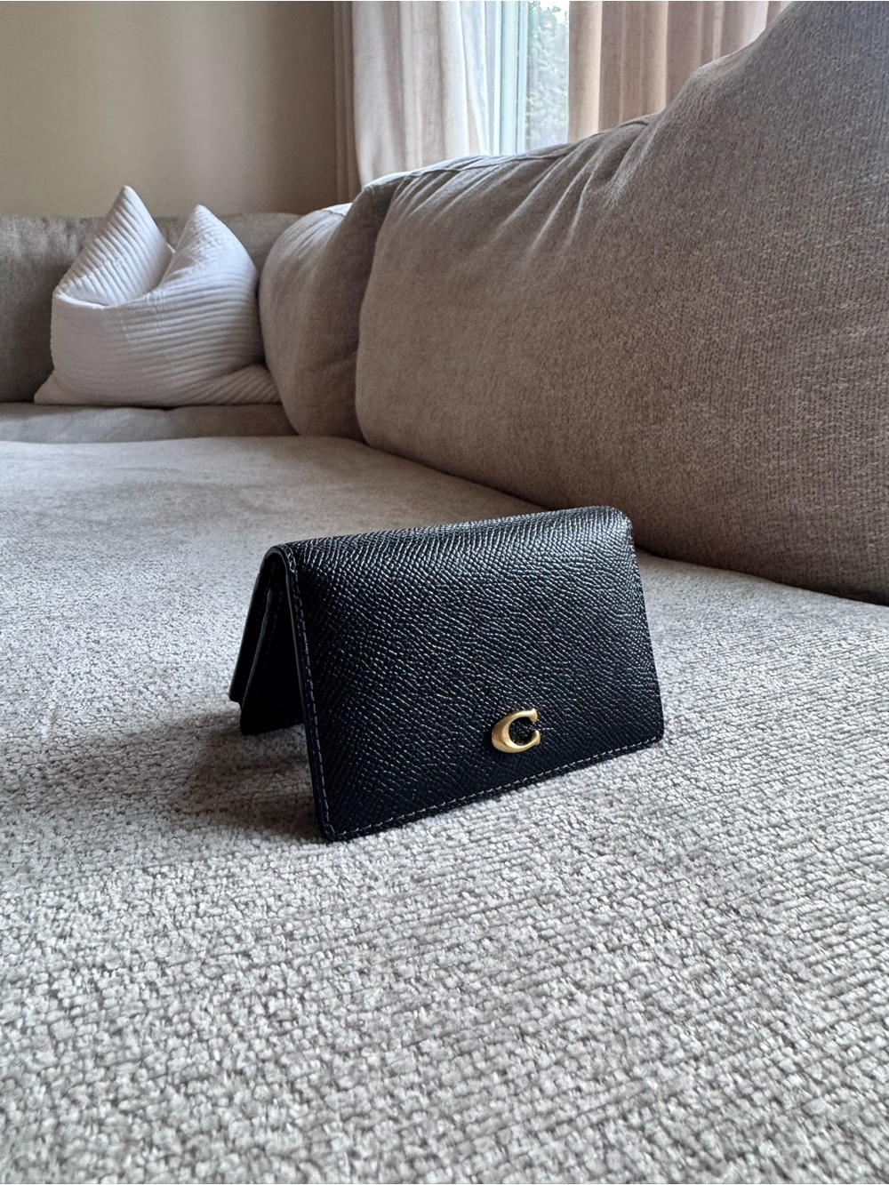 Coach Black Saffiano Leather Card Wallet with Gold 'C' Emblem